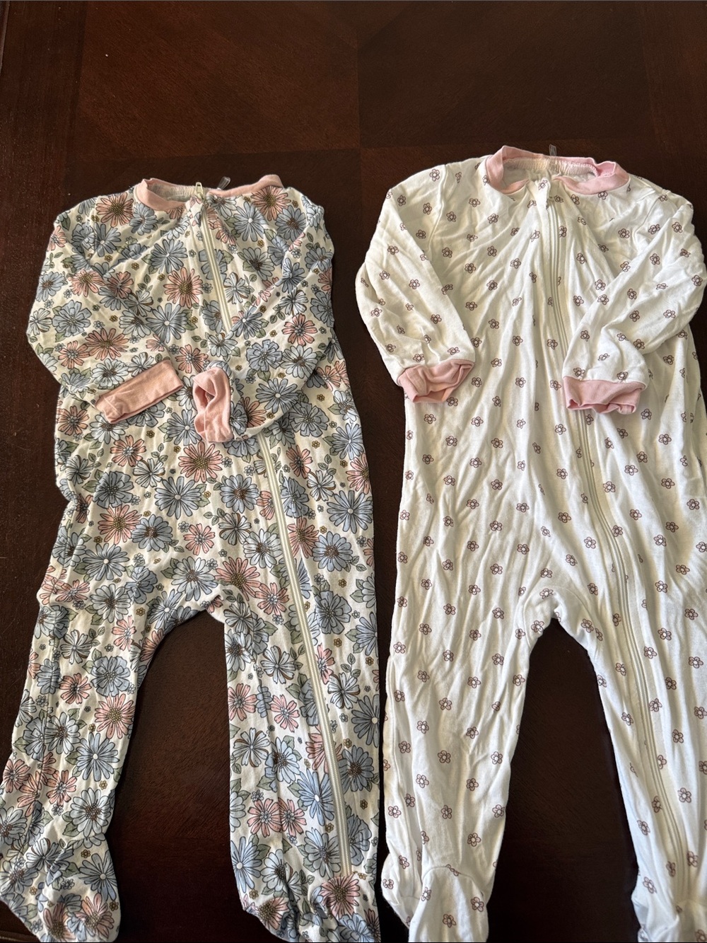 2-Pack Floral & Butterfly Pink-Trim Baby Footed Sleepers